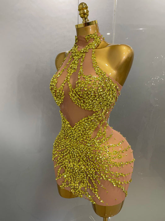 Luxury Sparkle Rhinestones Mesh Transparent Prom Dress Women Sexy Birthday Celebrate Party Club Prom Outfit Bar Costume