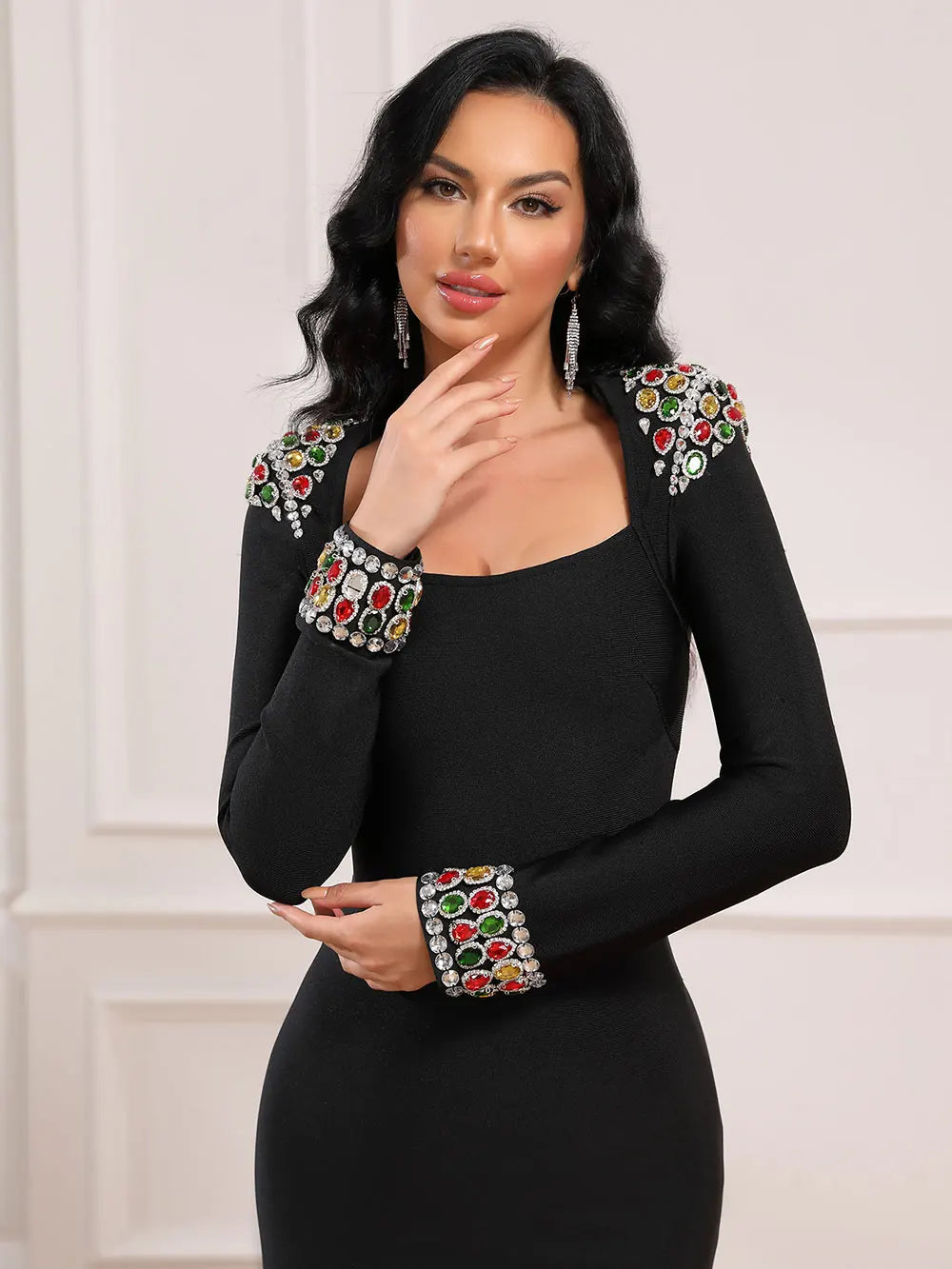 Elegant Women's Light Luxury Nail Bead Bandage Dresses Square Neck Long Sleeve Bodycon Long Dress Evening Party Vestidos