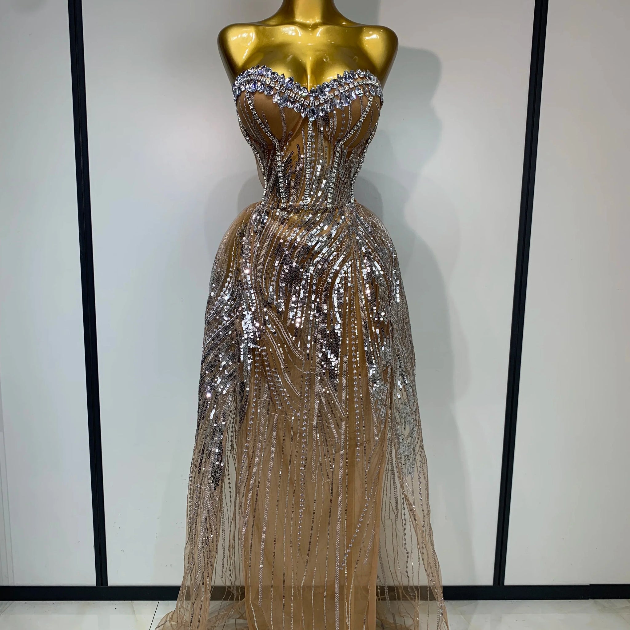 Women Sexy Strapless Mesh See Through Crystal Maxi Dress Evening Party Singer Stage Performance Costume Luxury Birthday Dress camel