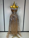 Women Sexy Strapless Mesh See Through Crystal Maxi Dress Evening Party Singer Stage Performance Costume Luxury Birthday Dress camel