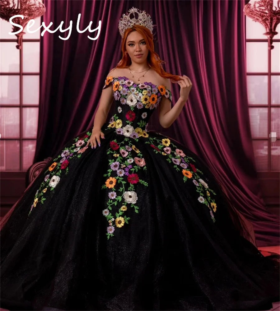 Black Quinceanera Dresses Charro Mexican Coloful Flowers Vestidos De 15 Años Quinceañeras Elegant Birthday Party Gown Customized