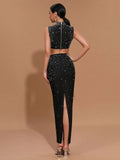 Sexy Women'S Light Luxury Hot Stamping Design Long Skirt Bandage Set O-Neck Sleeveless Ultra Short Top+Skirt Two-Piece Set