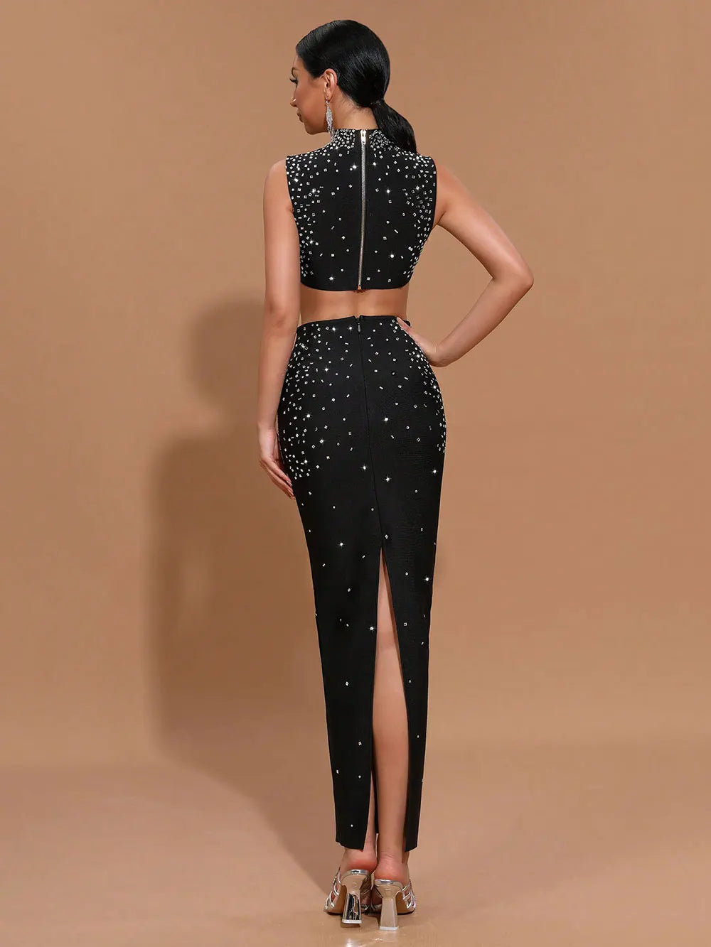 Sexy Women'S Light Luxury Hot Stamping Design Long Skirt Bandage Set O-Neck Sleeveless Ultra Short Top+Skirt Two-Piece Set