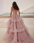 Pink Off Shoulder Tulle Prom Dress Elegant Multilayer A-line Vestidos De Fiesta Lace Up Back Sleeveless Evening Dress