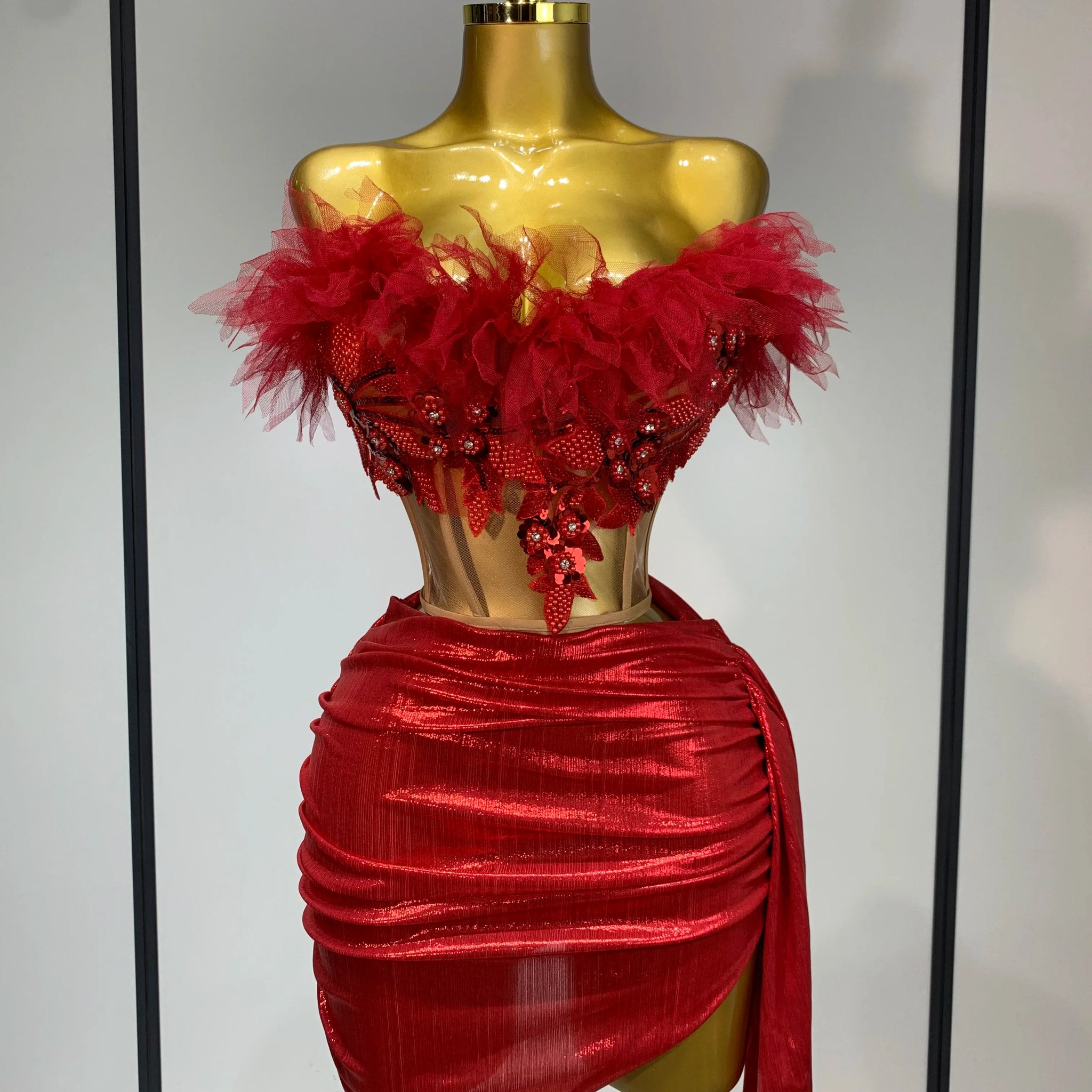 Women Sexy Two Pieces Set Beading Bodycon Mini Dress Nightclub Evening Party Celebrate Birthday Bar Singer Performance Costume Red