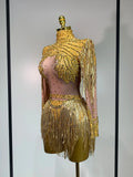 Women Long Sleeve Sexy Shinning Tassels Rhinestone Bodycon Bodysuit High Stretch Bar Dancer Nightclub Stage Wear Birthday Outfit