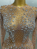 Sexy Shinny Rhinestone Stretch Mesh Transparent Long Dress Women Evening Birthday Party Prom Nightclub Singer Stage Wear