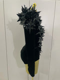 Shiny Black Rhinestone Velvet Long Sleeve Bodysuit Women Evening Party Club Gala Hosts NightClub Bar Stage Costumes