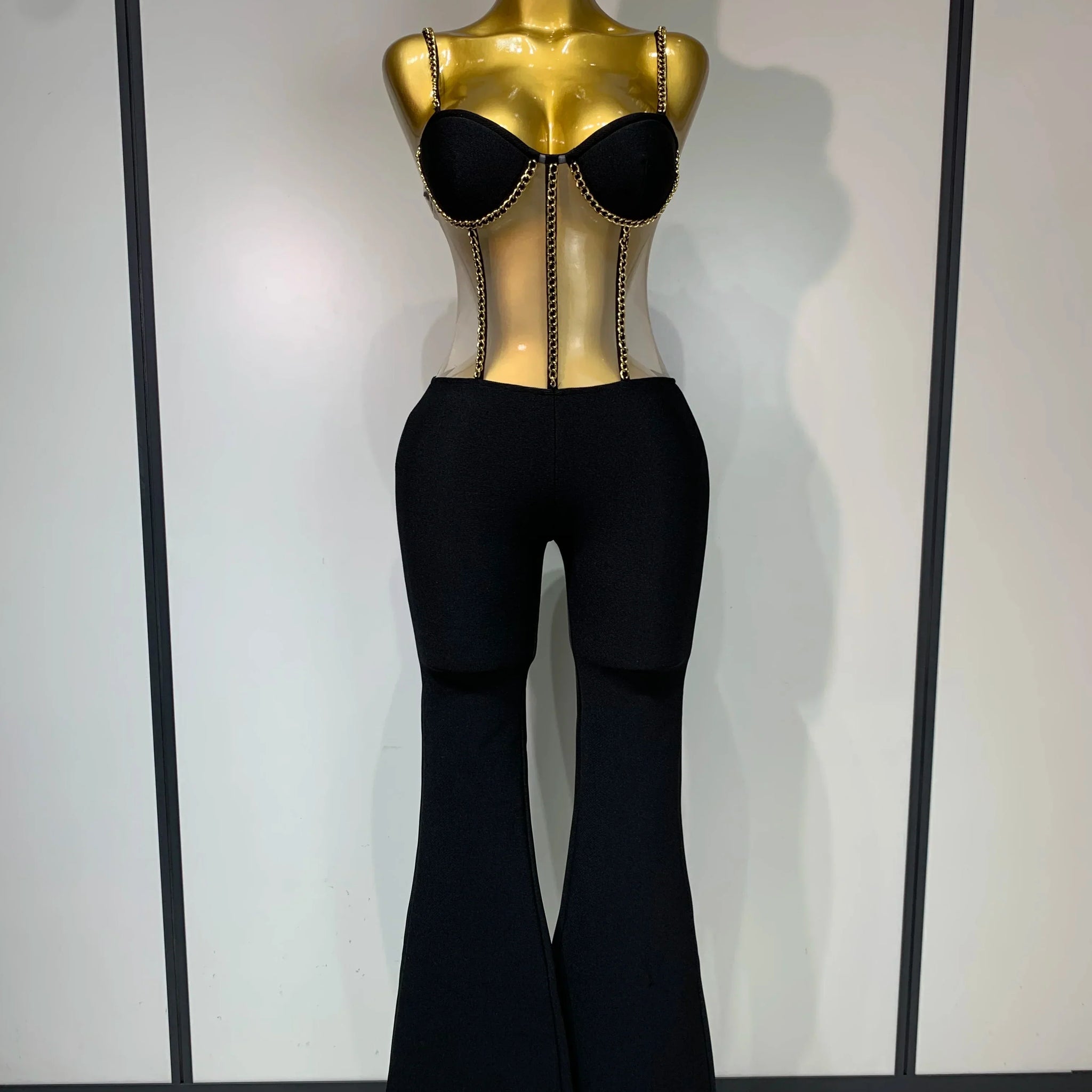 Women Luxury Sexy Sleeveless Mesh Chain Black Bodycon Bandage Jumpsuit Fashion Party Celebrity Designer High Street Rompers black