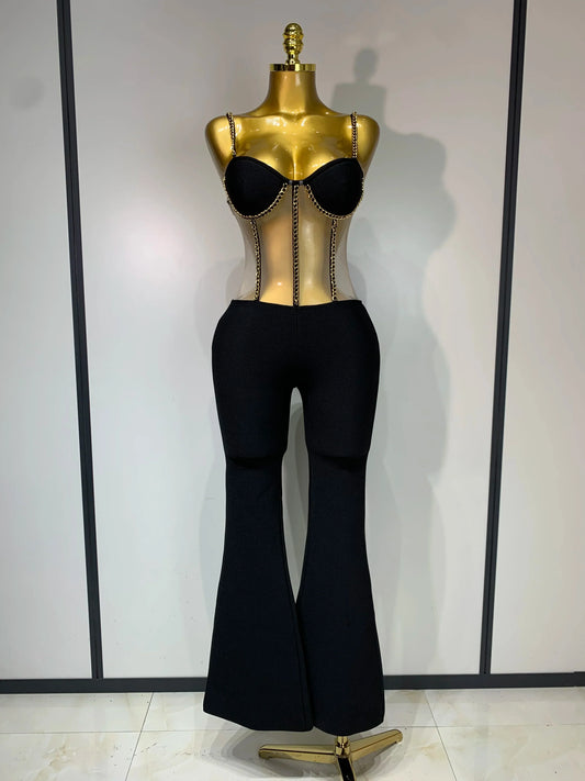 Women Luxury Sexy Sleeveless Mesh Chain Black Bodycon Bandage Jumpsuit Fashion Party Celebrity Designer High Street Rompers black