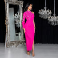 New Rosered Color Women Sexy One Shoulder Big Crystal Bodycon Long Bandage Dress Celebrate Evening Party Birthday Fashion Dress