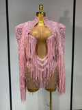 Luxury Rhinestones Tassels Mini Dress Suit Women Sexy See Through Mesh Birthday Party Club Dresses Performance Stage Outfit Pink