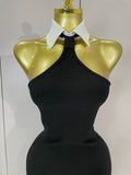 Sexy Backless White Shirt Collar Black Mini Bodycon Bandage Dress Women Elegant Evening Club Party Luxury Birthday Dresses