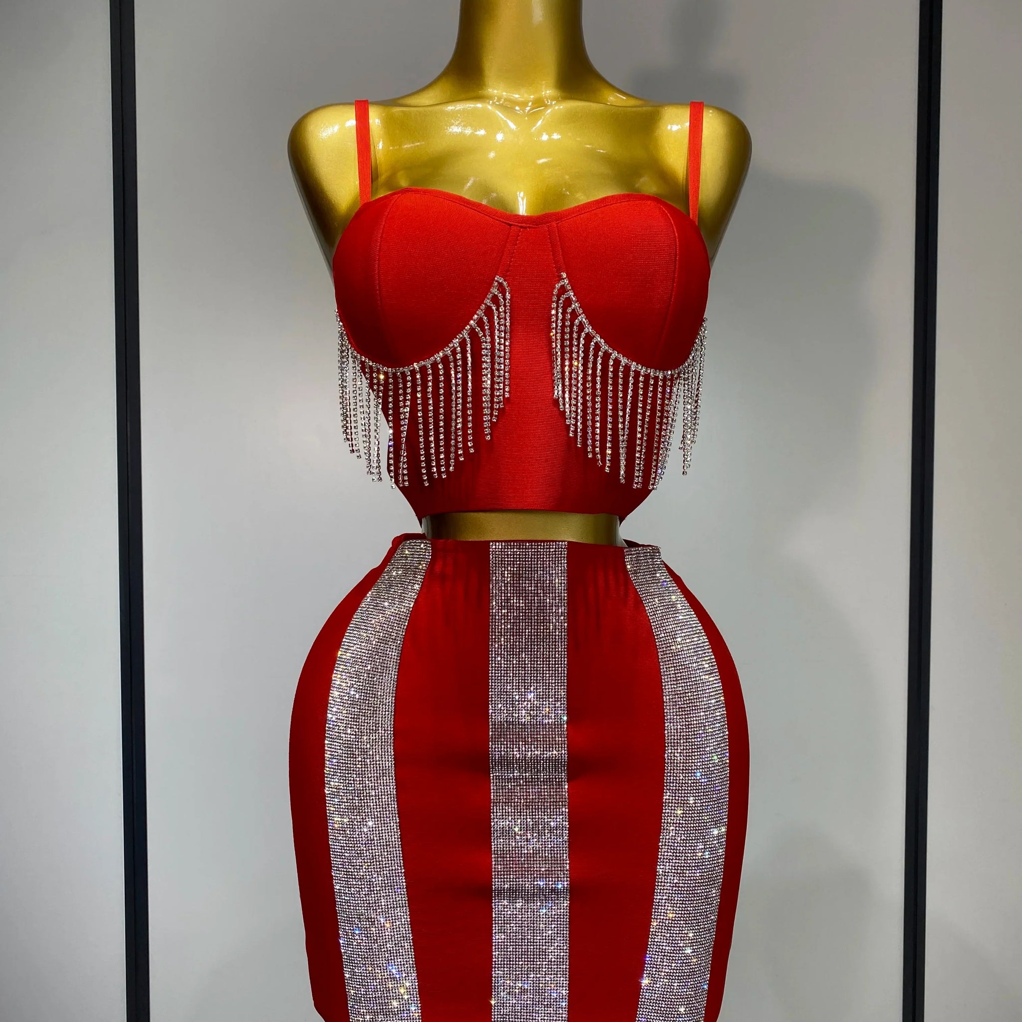 Women Sexy Sling Backless Tassels Bandage Skirt Two Piece Set Knitted Celebrity Elegant Evening Luxury Birthday Dresses Red