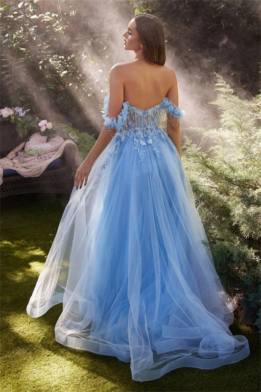 Amanda Baby Blue Vestido De Novia Shiny 3D Flower Lace Prom Dress 2024 Side Split Princess Off Shoulder A-line Evening Dress