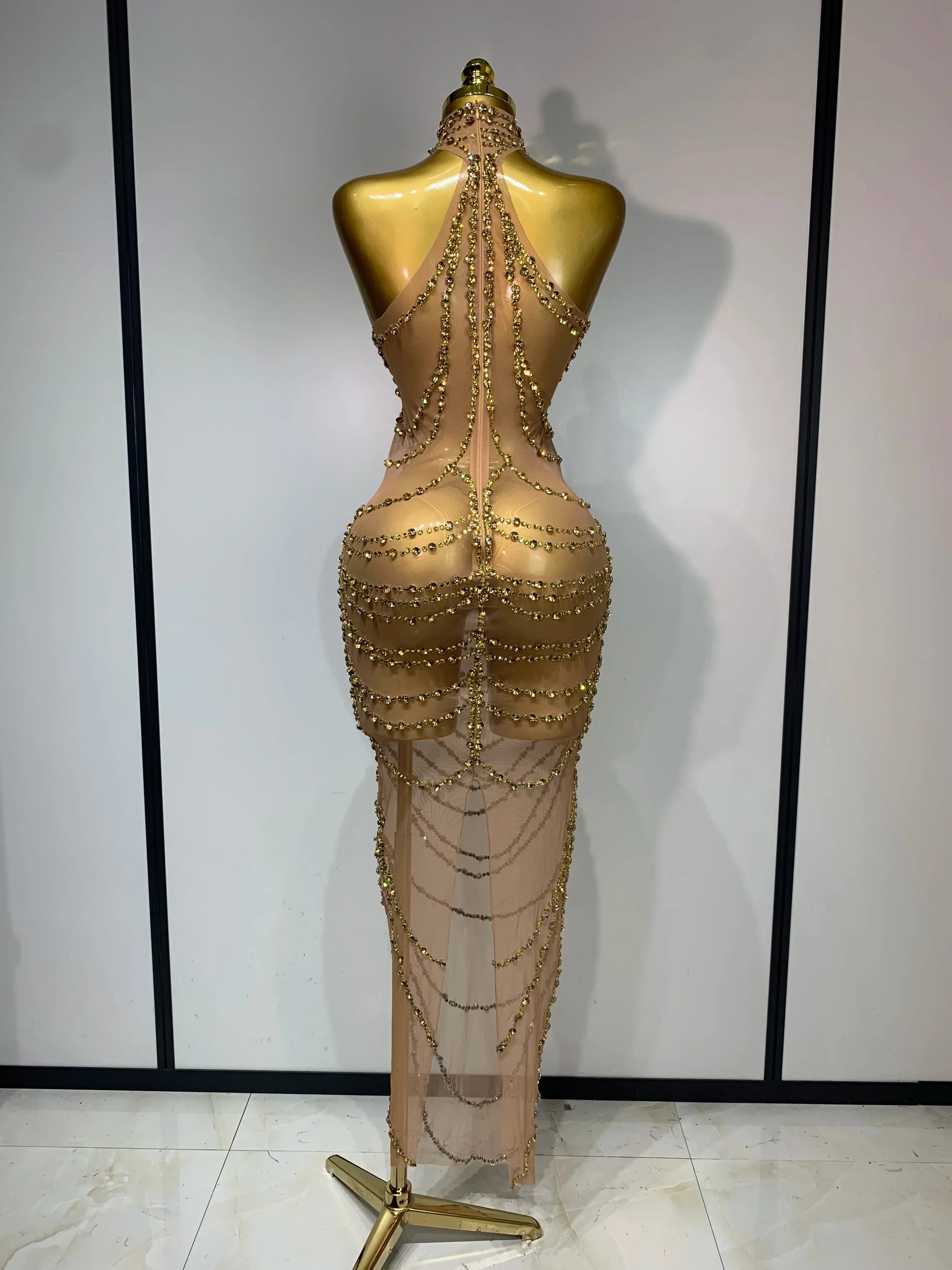 Sparkly Rhinestone Sexy Transparent Mesh Long Dress Women Luxury Birthday Club Party Gown Stage Singer Performance Costume