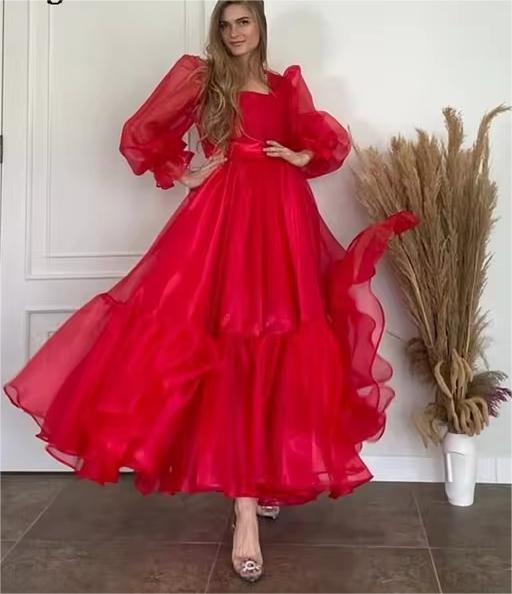 Red Organza Midi Prom Formal Gowns Puff Long Sleeves Square Women Evening Party Dresses Homecoming Gown Club Outfits