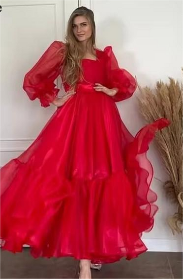 Vestidos formales de fiesta por debajo de la rodilla de Organza roja, mangas largas abombadas, vestidos cuadrados de fiesta de noche para mujer, vestido de fiesta, trajes de Club