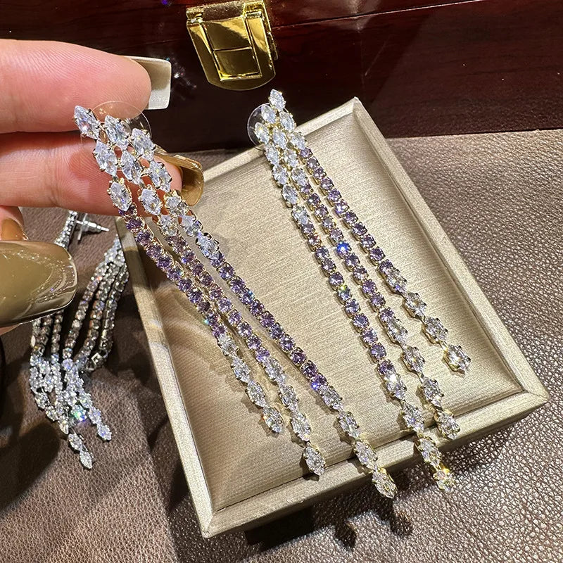 Luxury Long AAA Zircon Bridal Earrings CZ Cubic Zirconia Wedding Earring For Bride Women Accessories Birthday Gift Jewelry purple