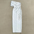 White Black Color Women Sexy One Shoulder Shinning Crystal Bodycon Long Bandage Dress Celebrate Fashion Evening Party Outfit