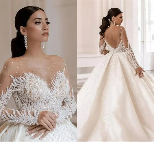 Luxury Arabic Dubai Beads Crystals Ball Gown Wedding Dresses Vestido De Noiva Soft Tulle Long Sleeve Wedding Bridal Gowns Champagne