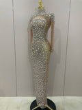 Sparkly Silver Big Rhinestone Sexy Transparent Long Dress Women Evening Birthday Party Celebrate Club Dancer Stage Costume