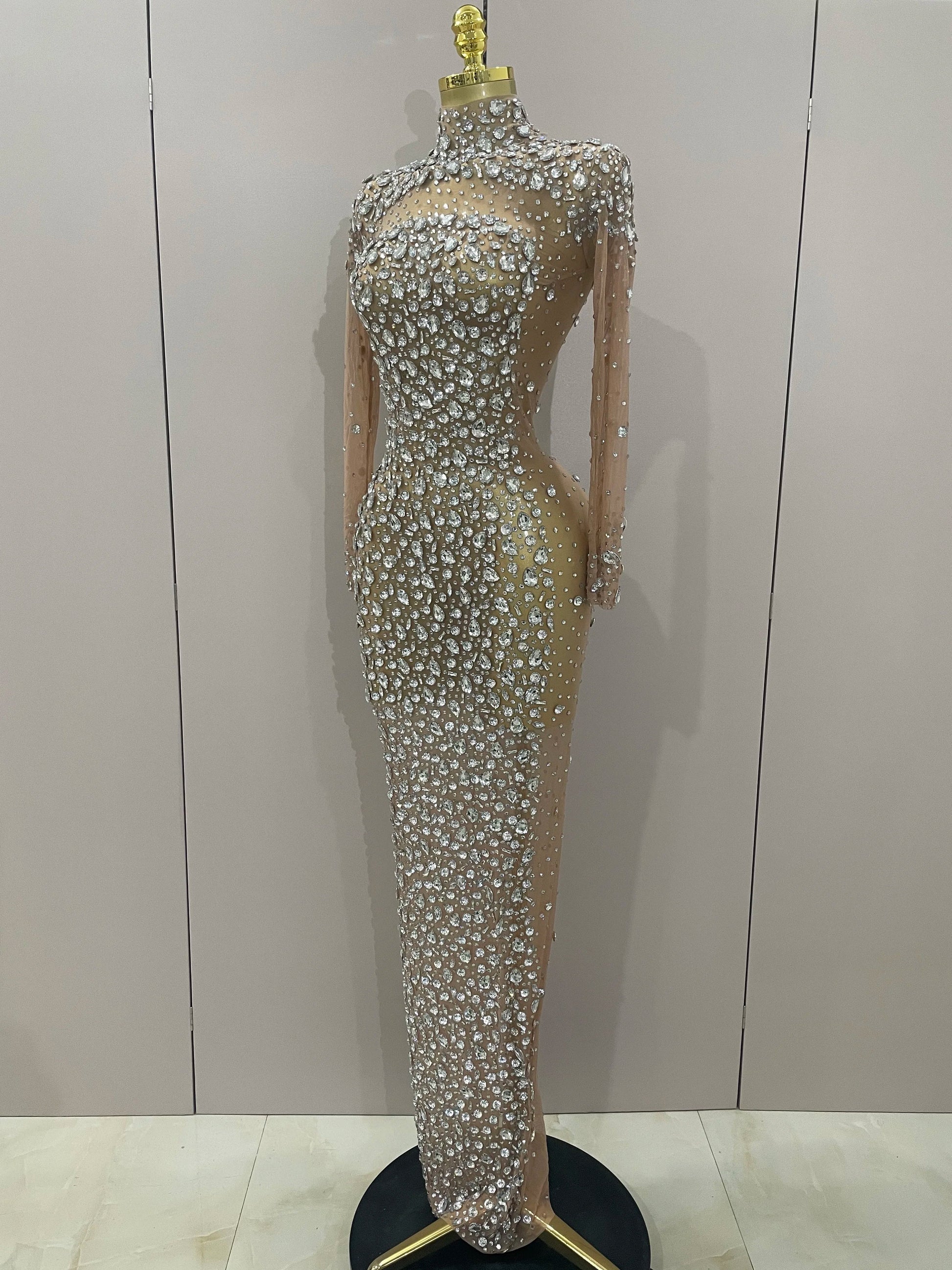 Sparkly Silver Big Rhinestone Sexy Transparent Long Dress Women Evening Birthday Party Celebrate Club Dancer Stage Costume