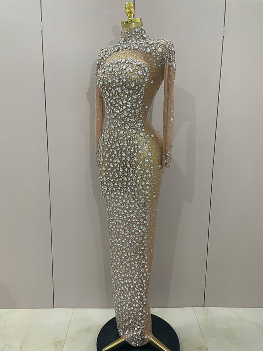 Sparkly Silver Big Rhinestone Sexy Transparent Long Dress Women Evening Birthday Party Celebrate Club Dancer Stage Costume