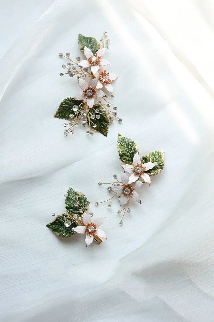 Wedding Accessories Flower Leaf Hair Pin Clip Gold Color Hairpin Bride Bridesmaids Rhinestones Crystal Head Piece Bridal Jewelry