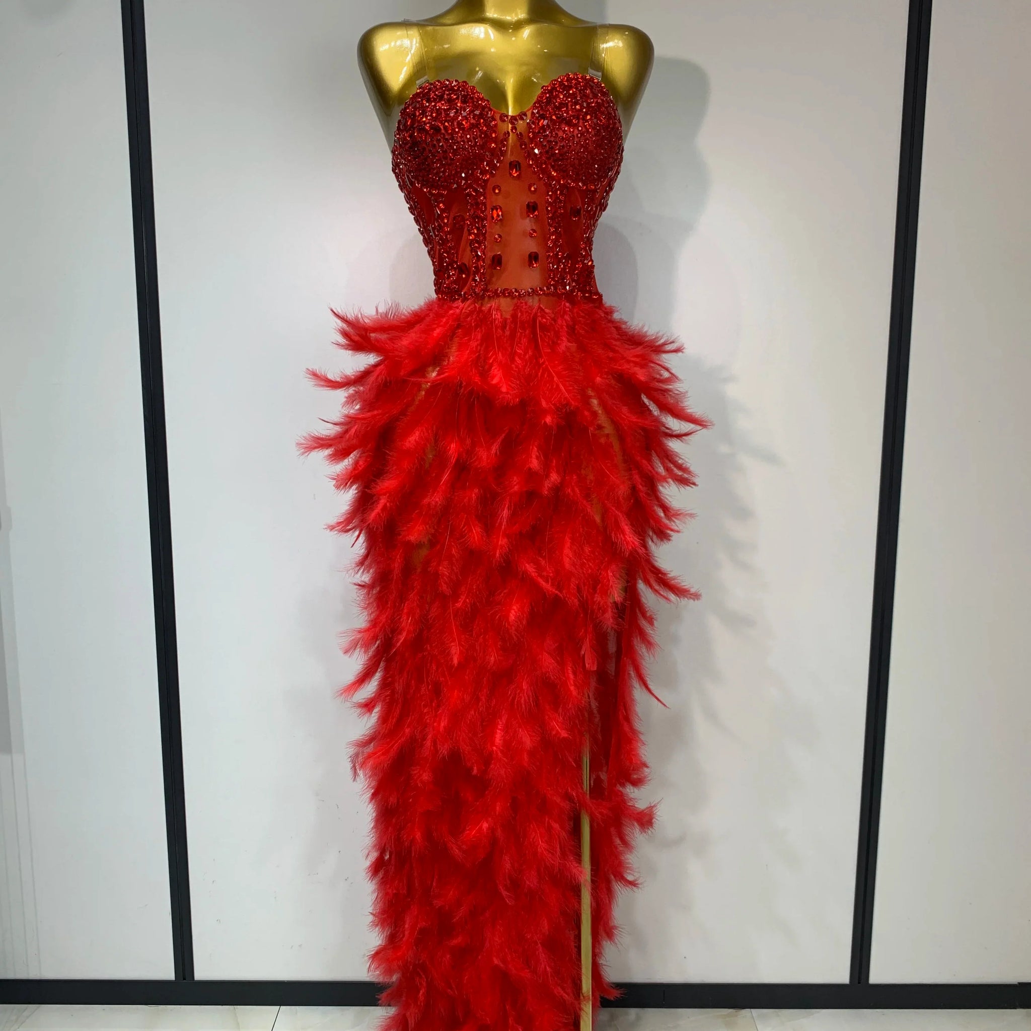 Sparkly Rhinestone Feather Mesh Long Dress Women Sexy Elegant Evening Party Luxury Birthday Photo Shoot Performance Costume Red