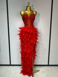 Sparkly Rhinestone Feather Mesh Long Dress Women Sexy Elegant Evening Party Luxury Birthday Photo Shoot Performance Costume Red