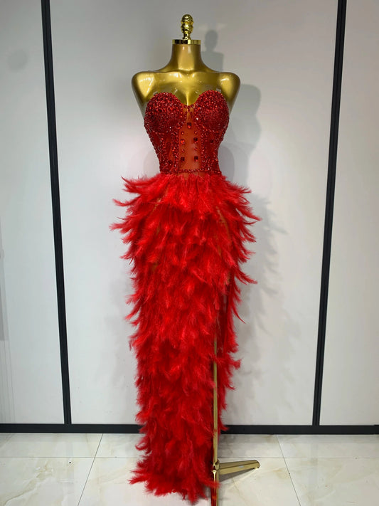 Sparkly Rhinestone Feather Mesh Long Dress Women Sexy Elegant Evening Party Luxury Birthday Photo Shoot Performance Costume Red