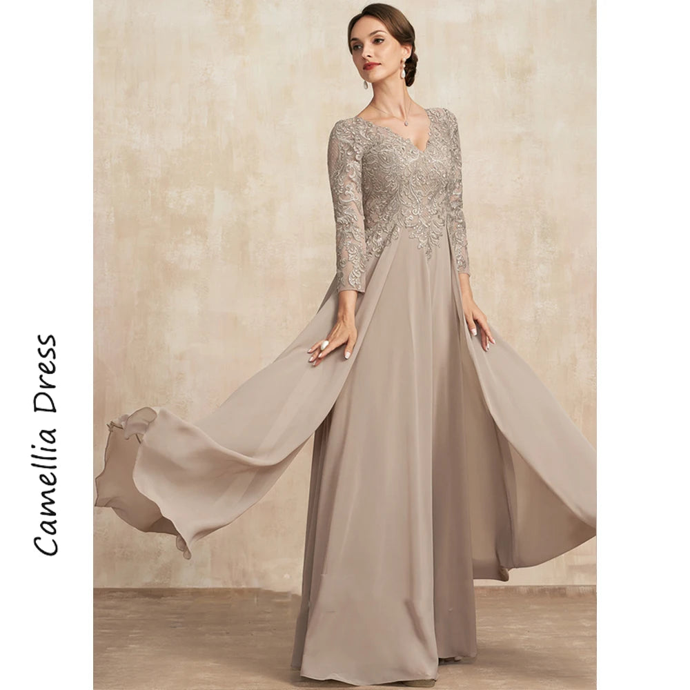 Simple V-Neck Mother Of The Bride Dress A Line Formal Dresses Chiffon Lace With Sequins Vestidos Mae Da Noiva Casamentos