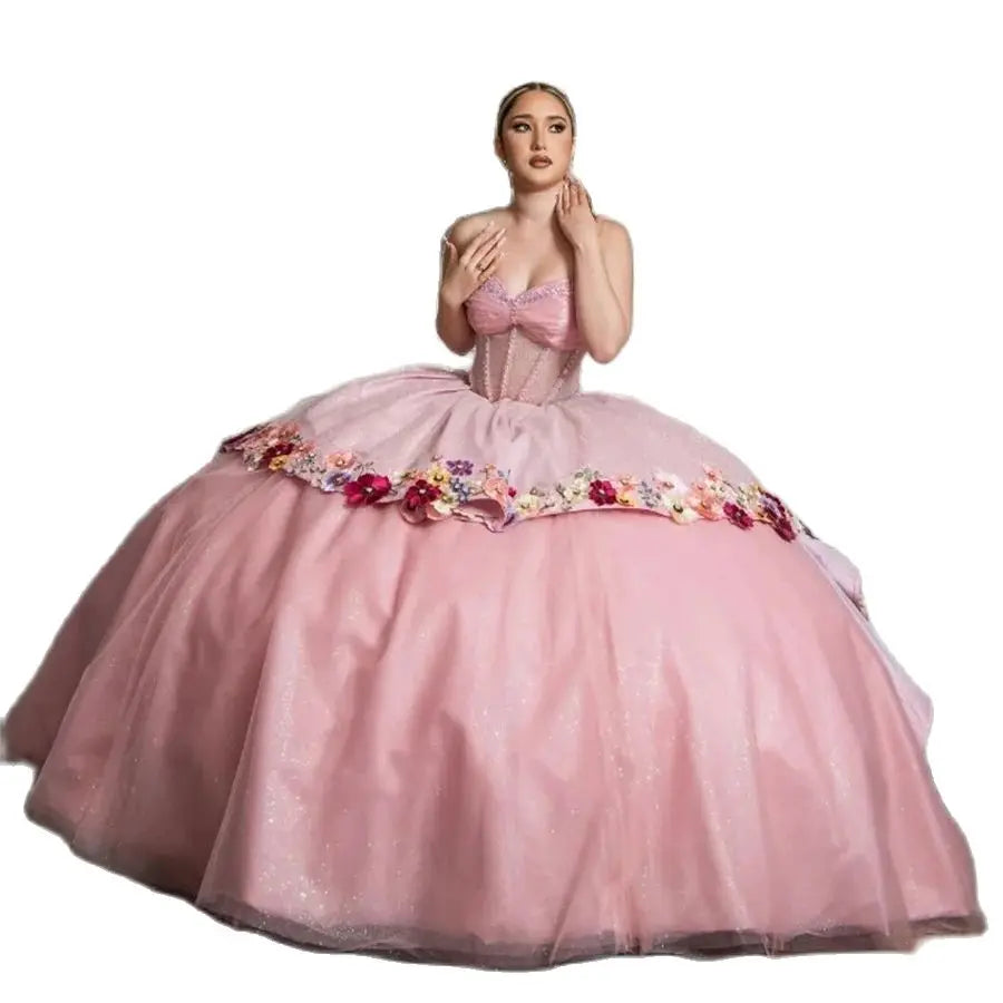 Pink Quinceanera Dress Charro Sweetheart Ball Gown Flower Vestio De 15 Xv Anos Sixteen Masquerade Sequined Savistidos Customized