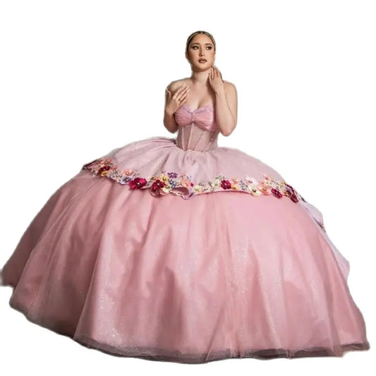 Pink Quinceanera Dress Charro Sweetheart Ball Gown Flower Vestio De 15 Xv Anos Sixteen Masquerade Sequined Savistidos Customized