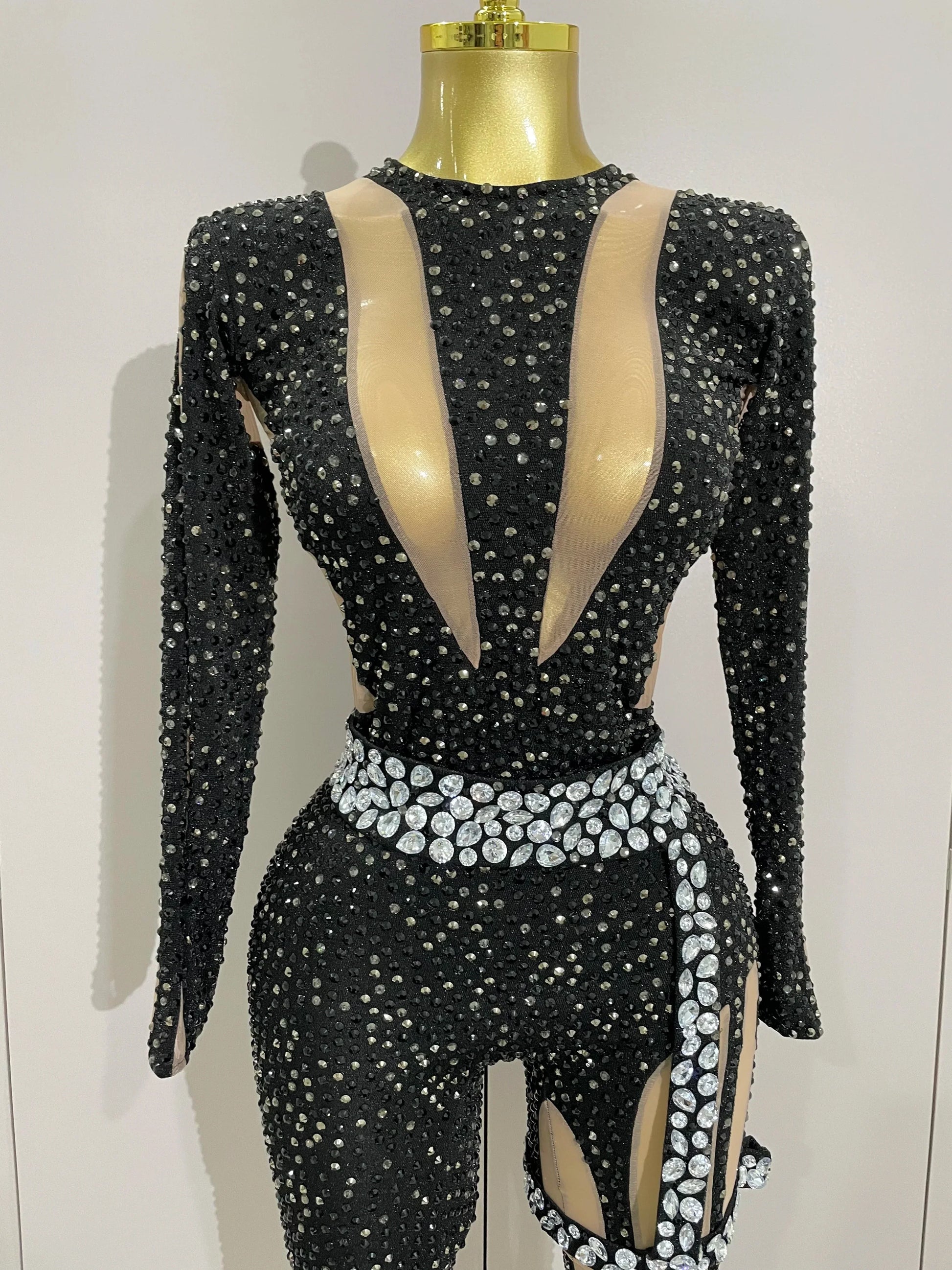 Sexy Sparkly Full Diamond Black Perspective Waist Cinching Asymmetrical Mesh Jumpsuit Birthday Party Nightclub Stage Costume