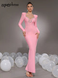 Elegant Women's Light Luxury Nail Diamond Design Bandage Dress U Neck Long Sleeve Bodycon Long Dress Evening Party Vestidos