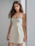 Sexy Women Three-Dimensional Rhinestone Design Dress Strapless Sleeveless A-Line Backless Mini Dress Cocktail Party Vestido WHITE