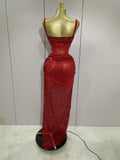 Sparkly Red Rhinestones Sequins Sexy See Through 2PCS Long Dress Women Celebrate Evening Birthday Party Dress Stage Costumes