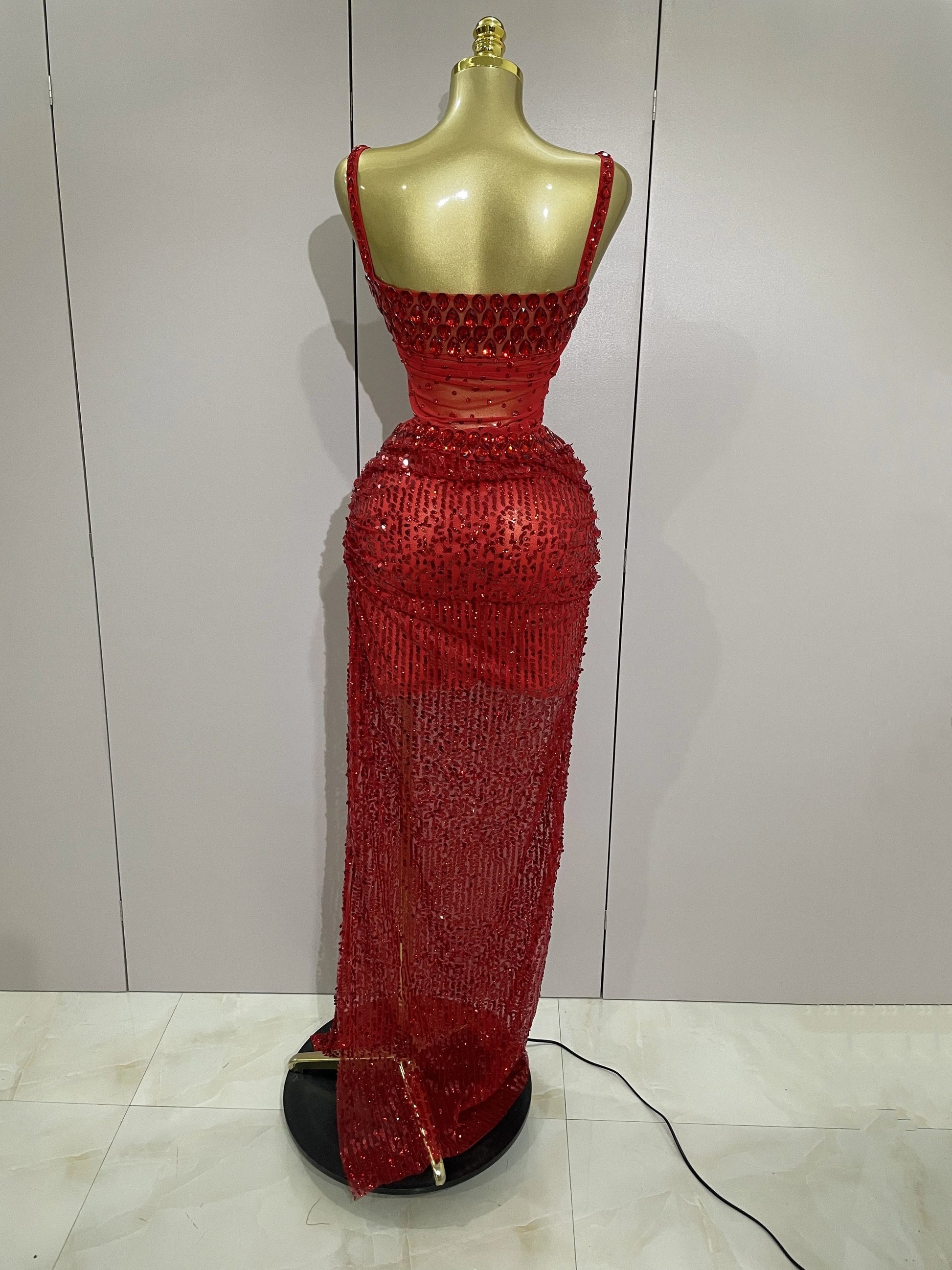 Sparkly Red Rhinestones Sequins Sexy See Through 2PCS Long Dress Women Celebrate Evening Birthday Party Dress Stage Costumes