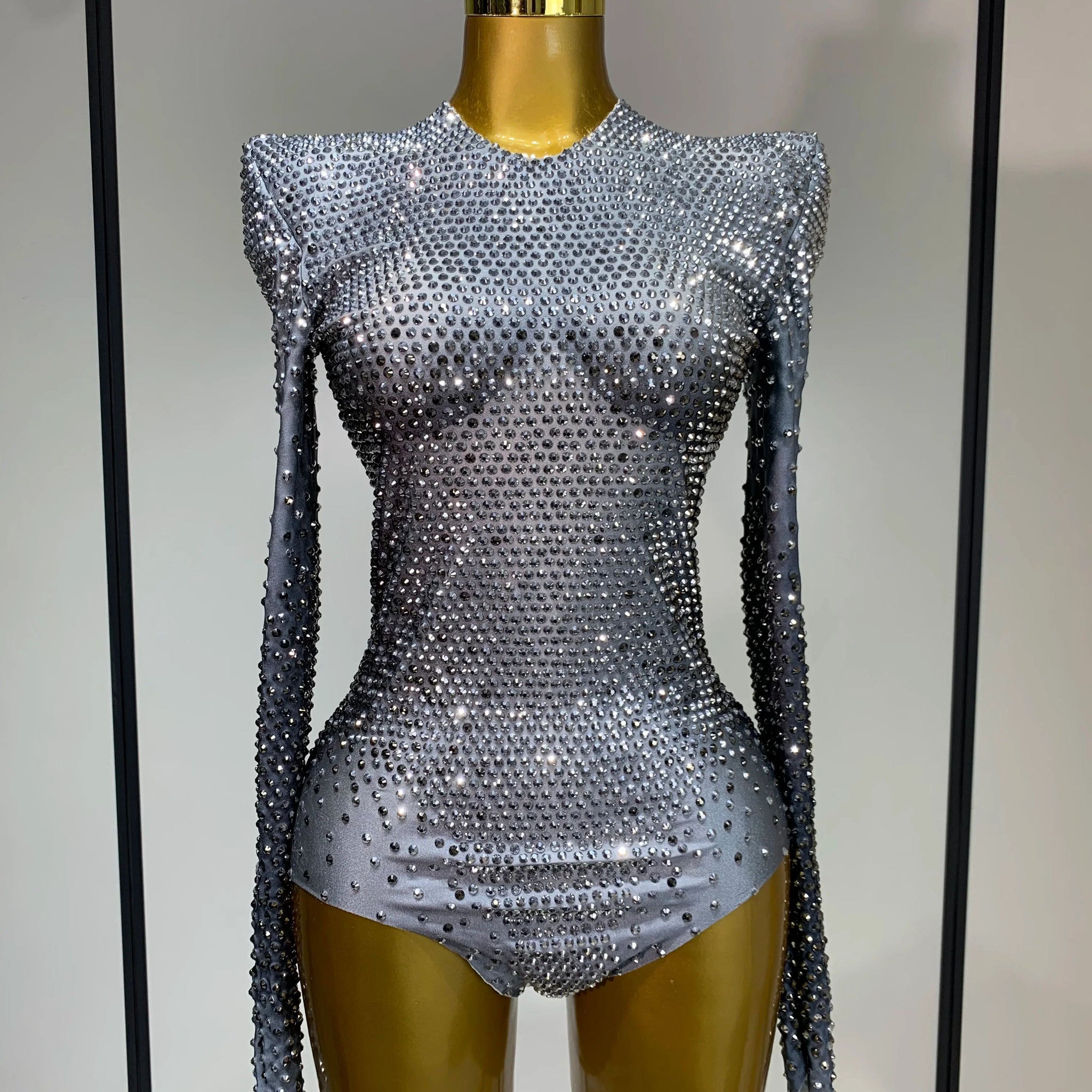 Sparkle Silver Rhinestones Stretch Bodysuits Women Luxury Birthday Evening Party Sexy Nightclub Singer Stage Costume Silver