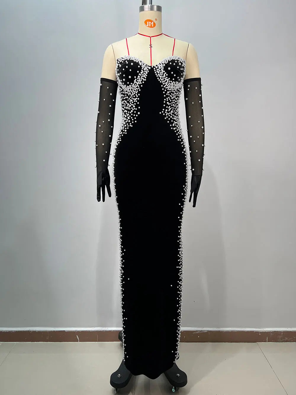 Women Light Luxury Beaded Velvet Dress+Thin Gauntlet Gloves Fashion Bodycon Bareback Sexy Long Dress Evening Party Vestidos black