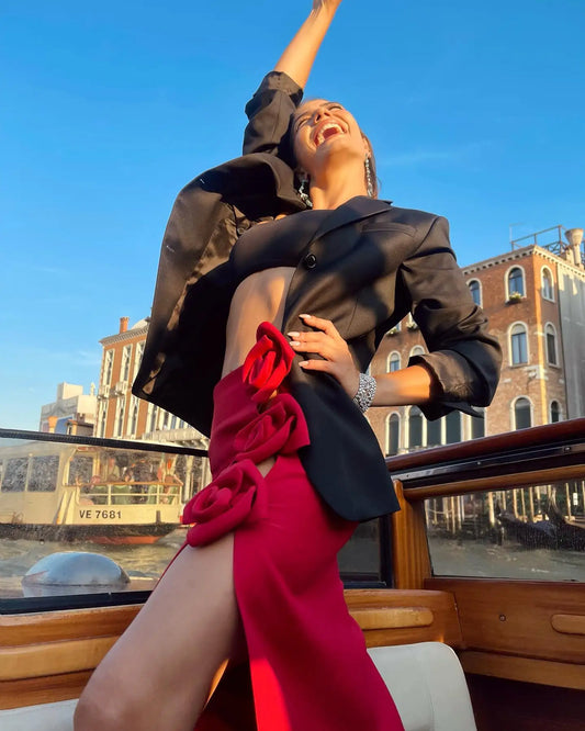 Arrival Rose Decoration Sexy High Split Red Bandage Long Shikt Fashion Graceful woman Item Evening Party Outfit