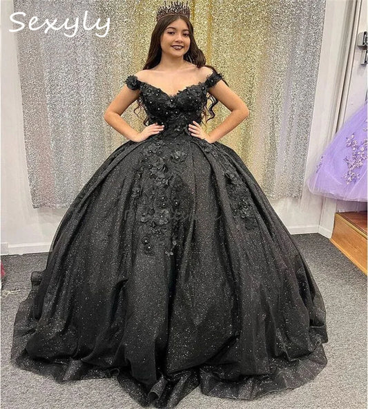 Mexican Black Quinceanera Dresses Charro Elegant 3D Flowers Vestidos De Xv 15 Anos Halloween Costume Photoshoot Horse Customized black
