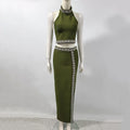 Black Army Green Bandage Two Pieces Sets Sexy Diamond Bead Halter Top Long Skirt Women Bodycon Clothing Elegant Party Sets army green