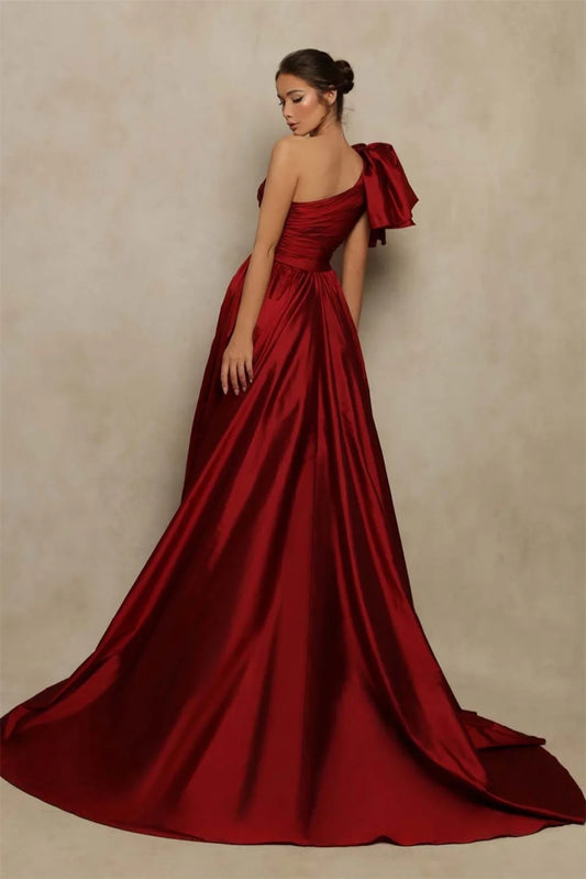 Amanda Wine Red Satin Prom Gown A-line Side High Split One Shoulder Evening Formal Elegant Sleeveless Floor-Length Party Dresses