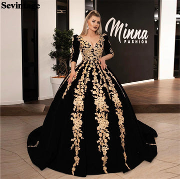 Noble A-Line Prom Dress Half Sleeves Lace Appliques Formal Princess Evening Dress Floor Length Kafeta Party Gowns