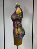 Sparkly Colorful Rhinestones Crystals Leotard Luxury Birthday Celebrate Sexy Outfit Sleeveless Mesh Bodysuit Stage Costume