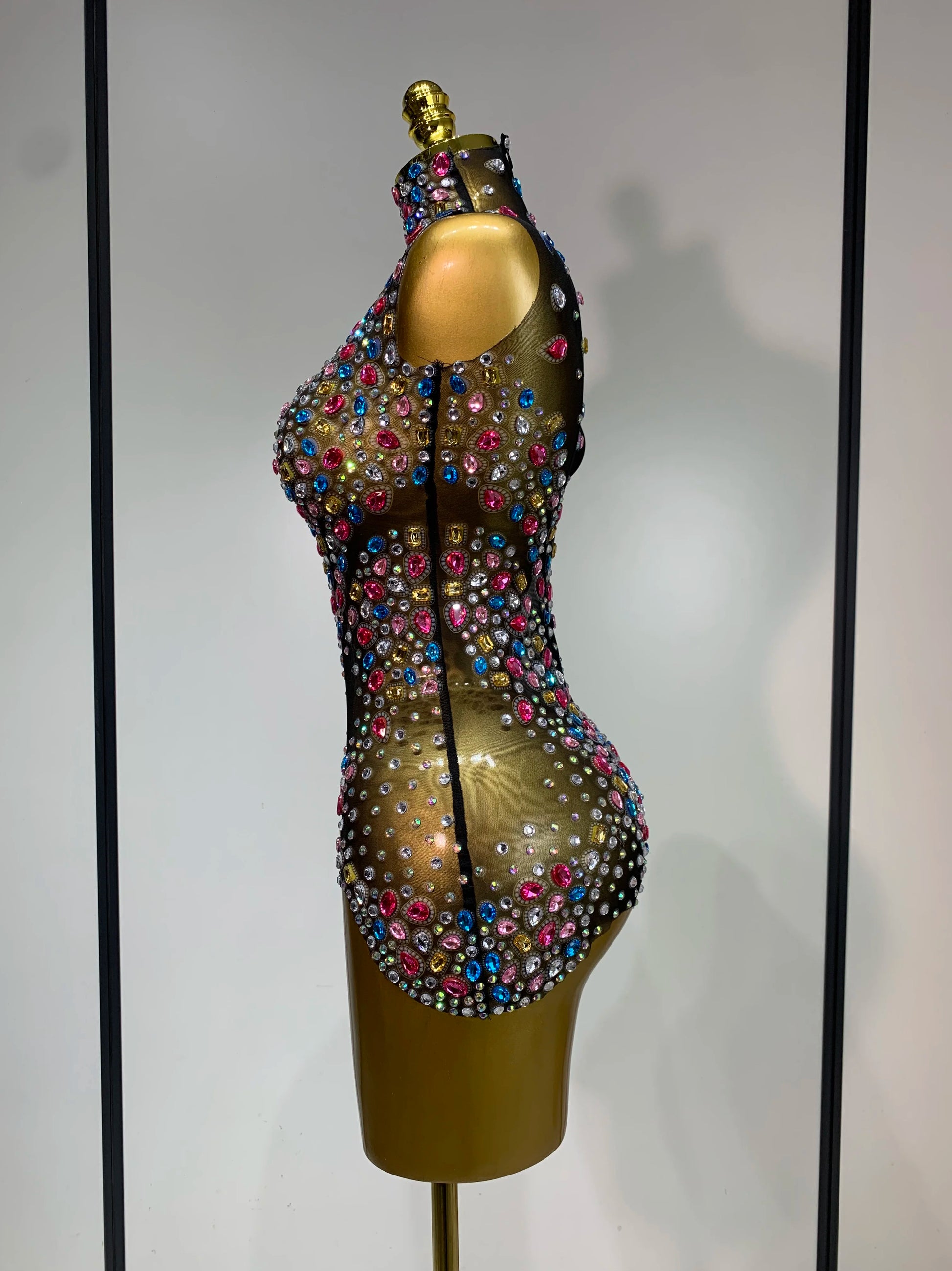 Sparkly Colorful Rhinestones Crystals Leotard Luxury Birthday Celebrate Sexy Outfit Sleeveless Mesh Bodysuit Stage Costume