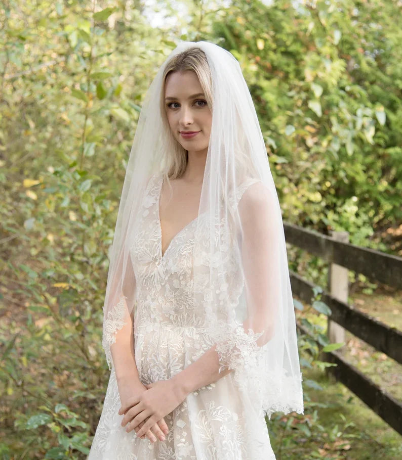 Wedding Veil with Lace Appliqued Light Ivory Elbow and Fingertip Length Bridal Veil